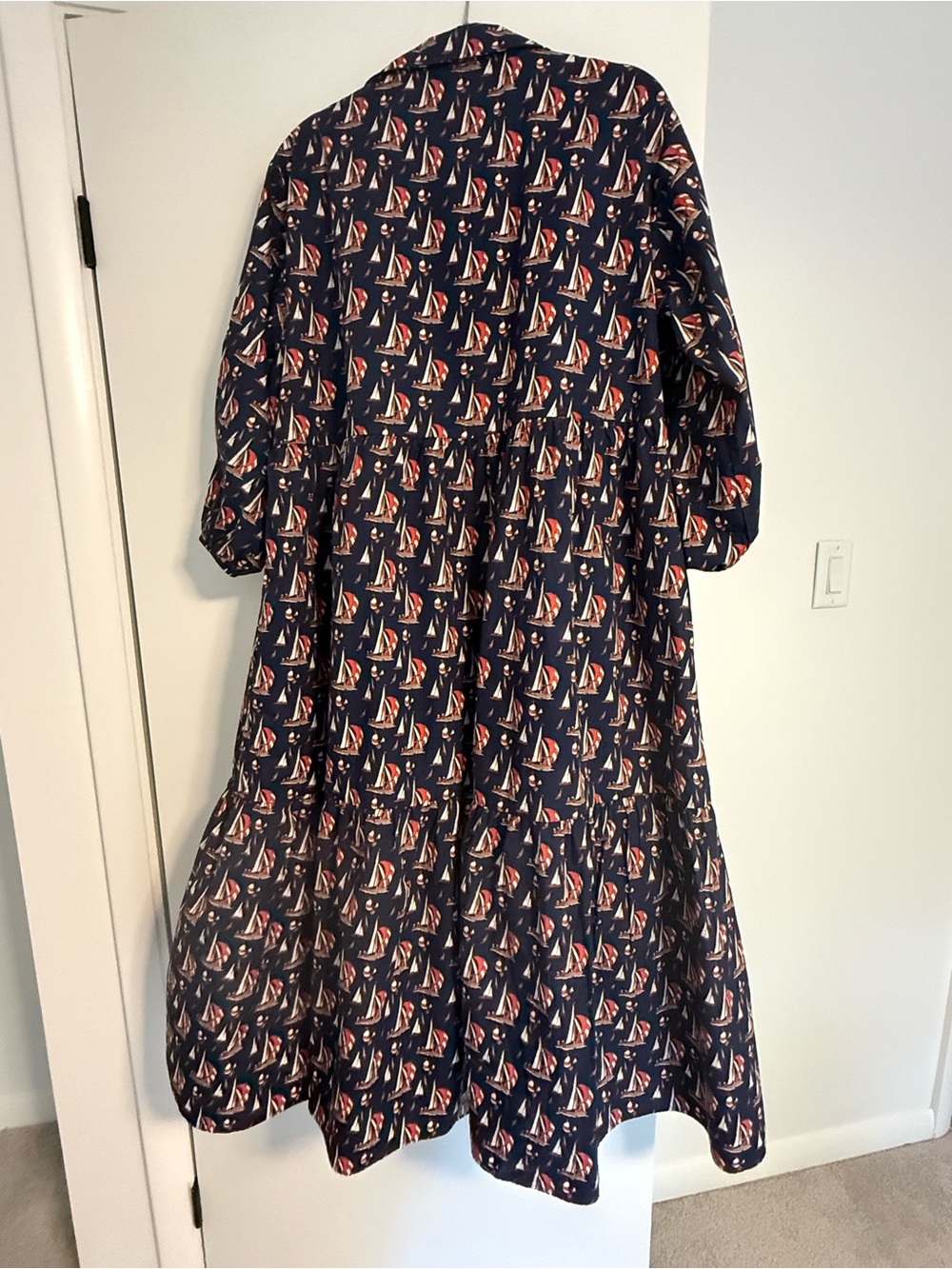 Maeve Navy Sailboat Tiered Midi Dress with Red and White Accents - Picture 2 of 4